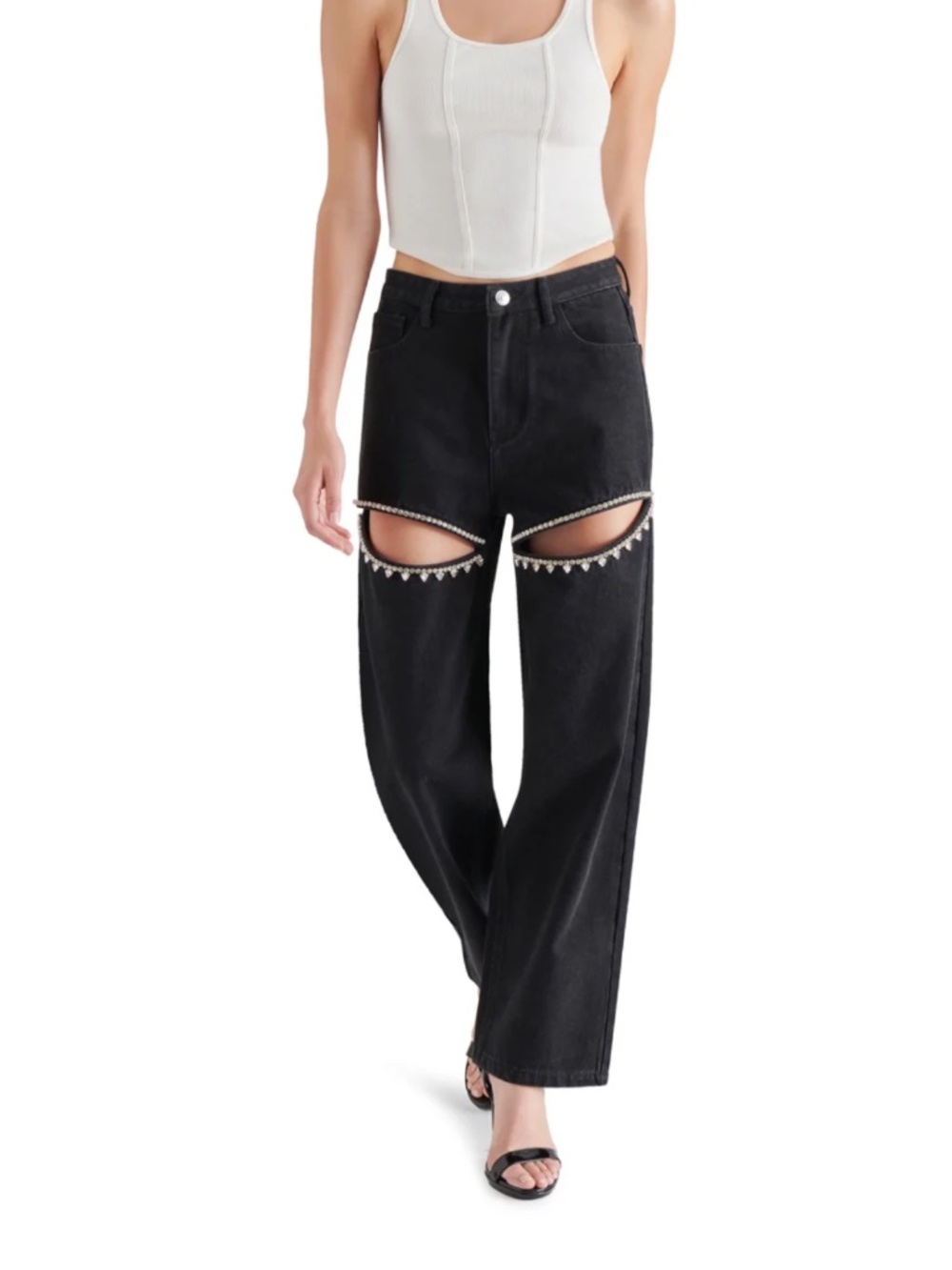 Steve Madden Black Taylor Rhinestone Crystal Trim Wide Leg Jeans New